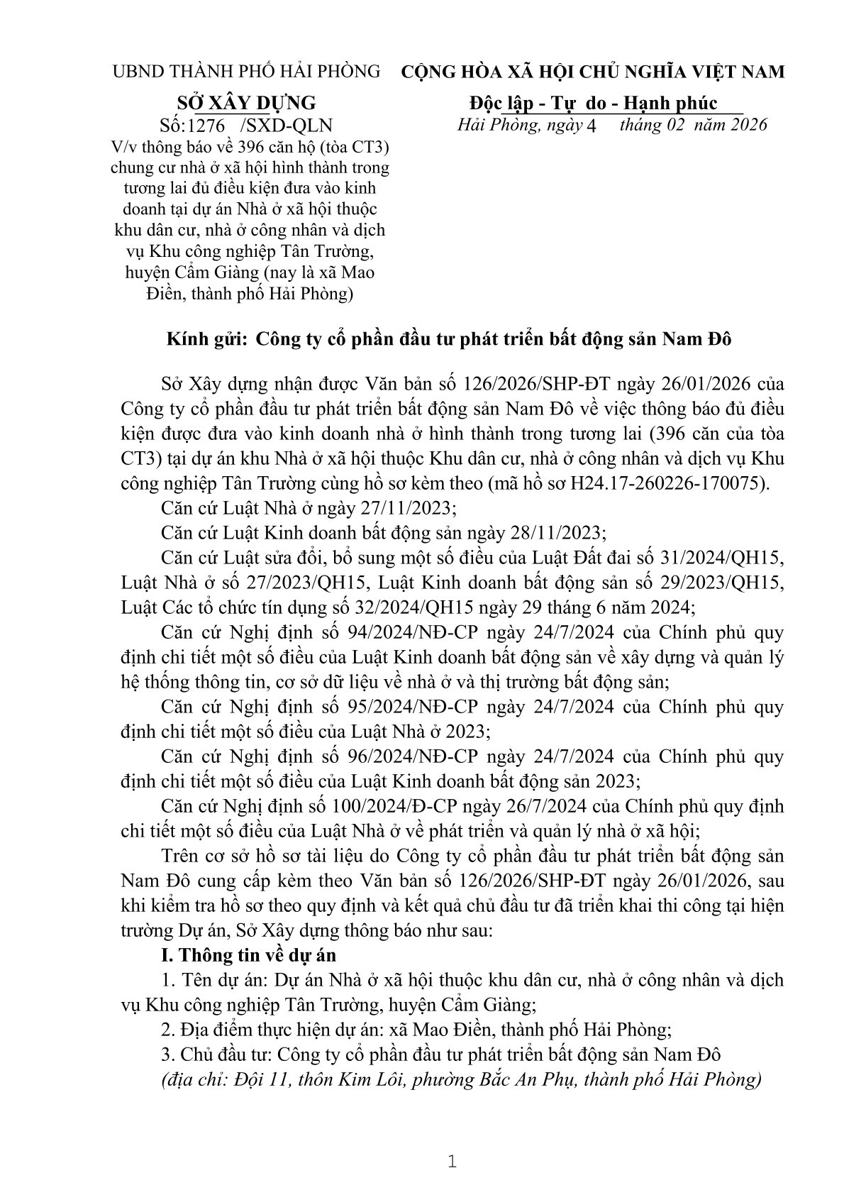 V/v thông báo về 396 căn hộ (tòa CT3) đủ điều bán